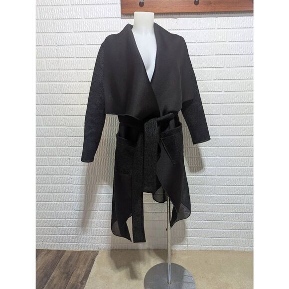 Caramel by Rosa & Rose Women's Black Solid Long-Sleeve Tie-Belt Net Trim Jacket - Picture 1 of 10